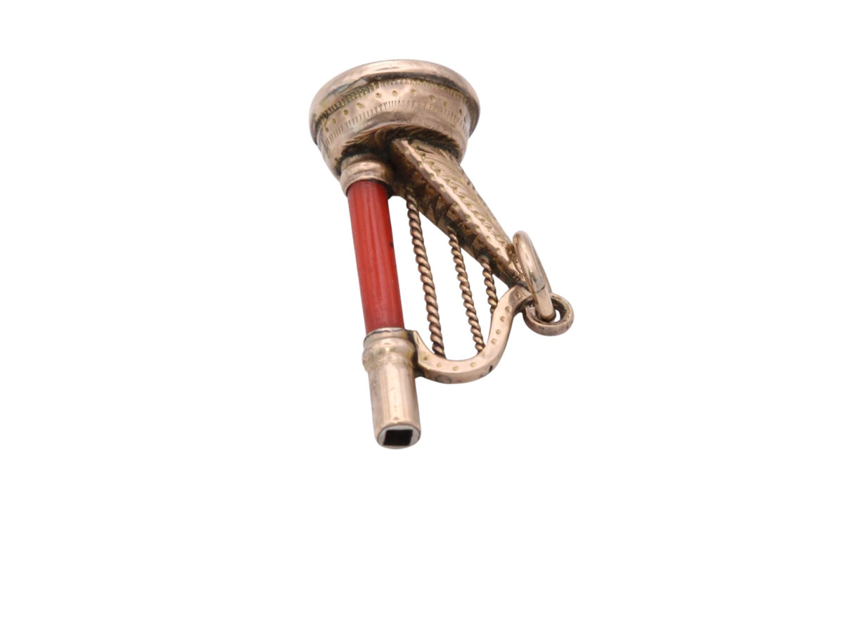 Antique Victorian 9ct Gold Coral Sardonyx Irish Harp Watch Key Charm c.1890 — view 11