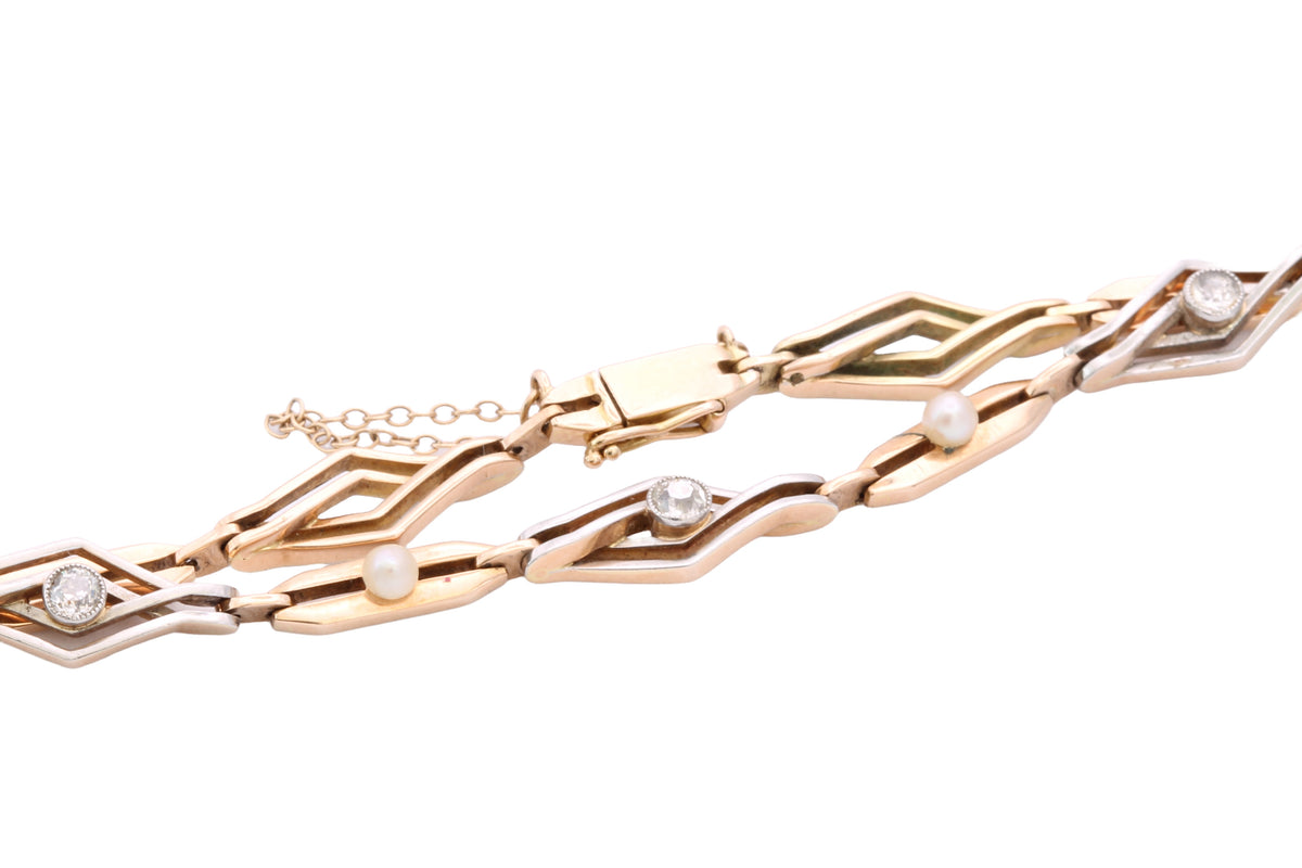 Art Deco 14ct Gold Platinum-Topped Diamond & Pearl Bracelet c.1920 — view 16
