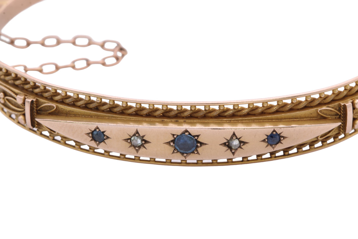 Antique 9ct Gold Sapphire & Diamond Hinged Bangle | 1911 — view 18