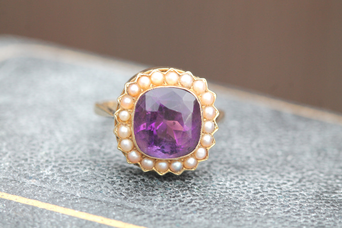 Antique Victorian 9ct Gold Amethyst & Seed Pearl Cluster Ring c.1890 — view 16