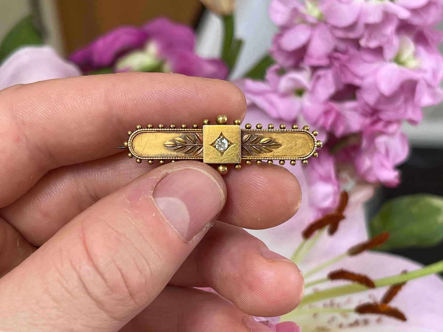 Victorian 15ct Gold and Diamond Bar Brooch