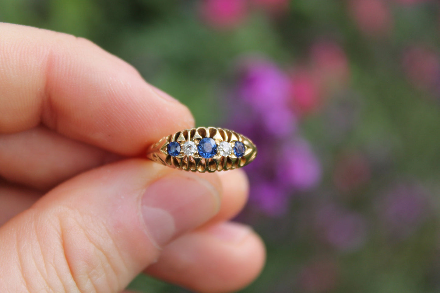 Antique Edwardian Diamond and Sapphire 18ct Gold Ring - 1903