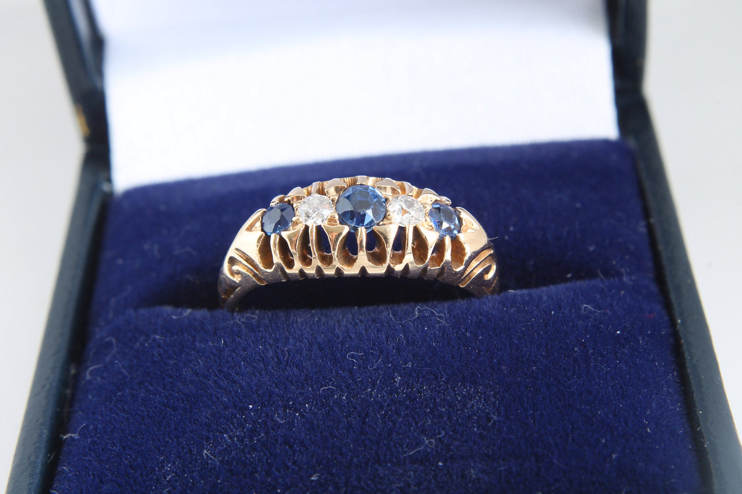 Antique Edwardian Diamond and Sapphire 18ct Gold Ring - 1903