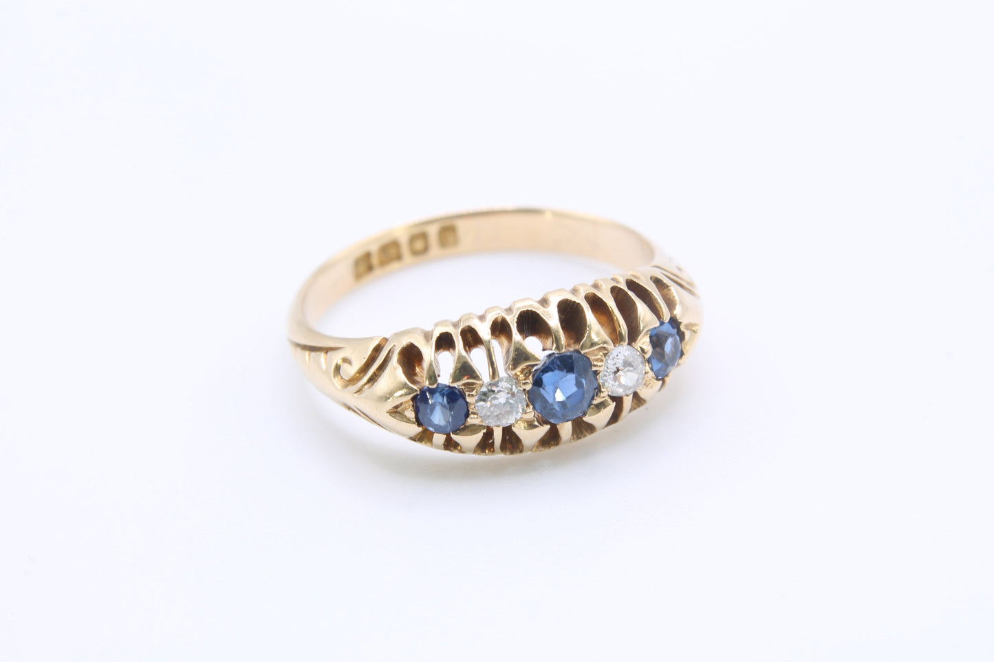 Antique Edwardian Diamond and Sapphire 18ct Gold Ring - 1903