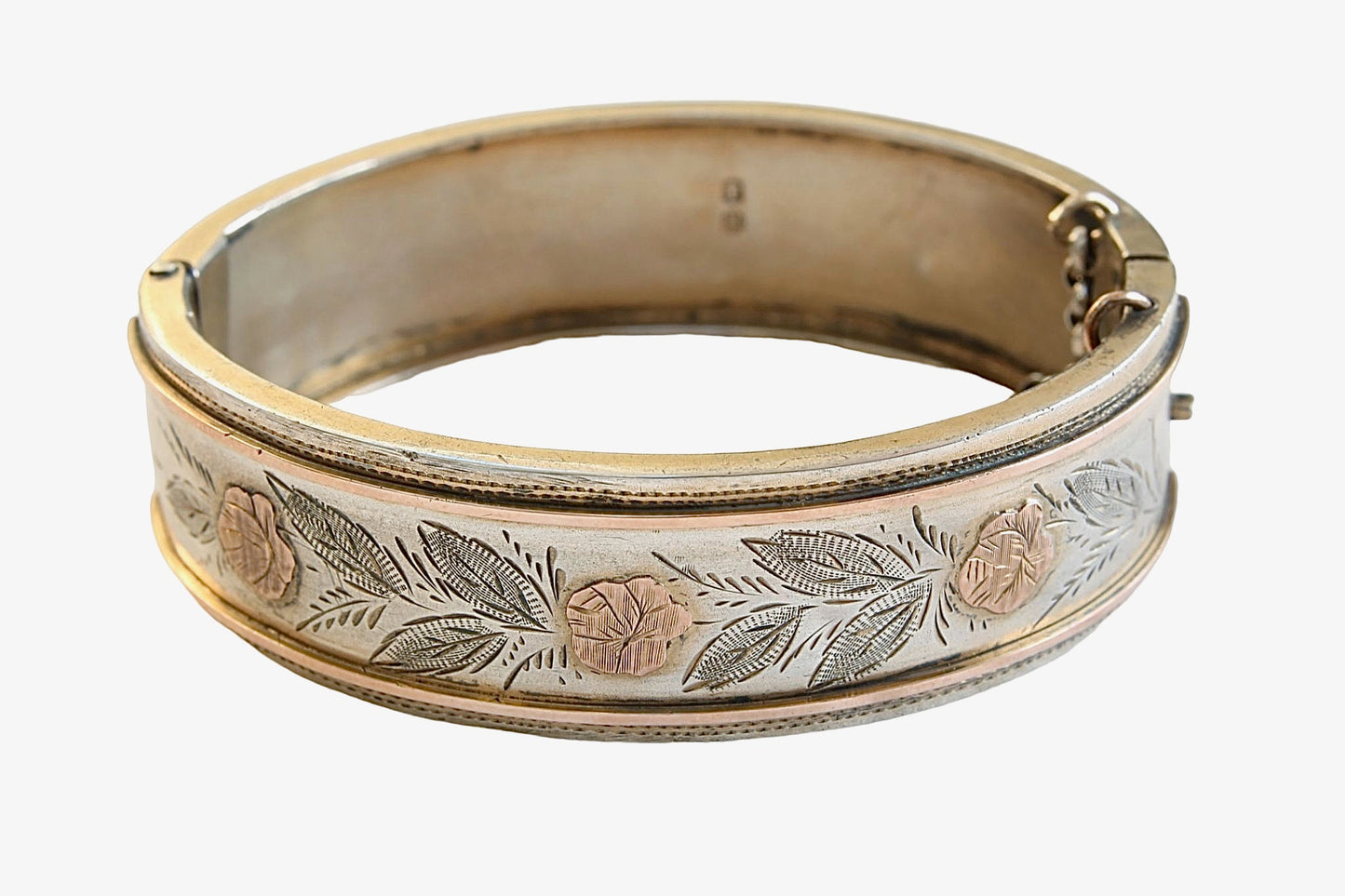 Antique Sterling Silver & 9ct Gold Floral Bangle