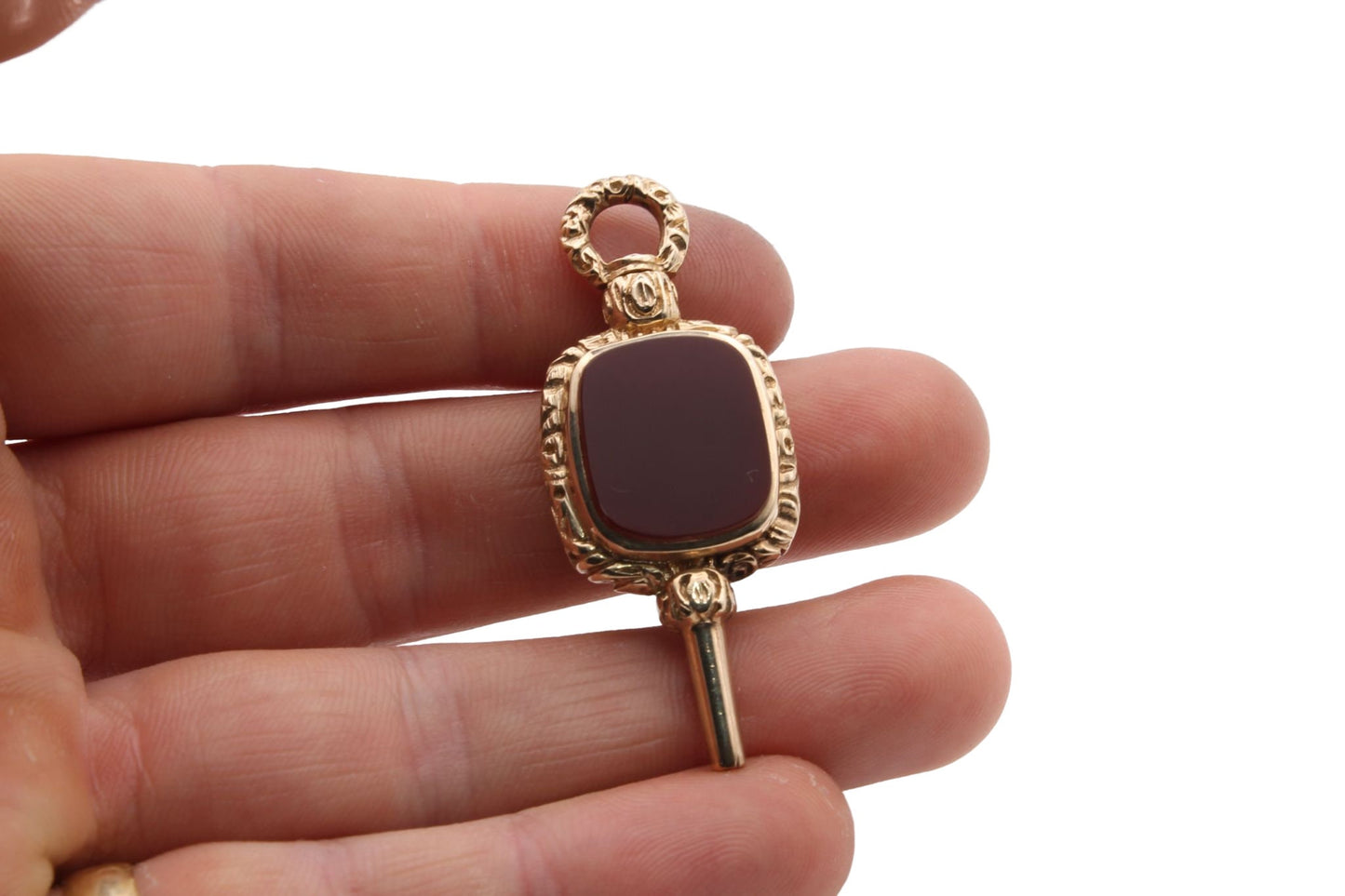 Antique 9ct Gold Chased Carnelian Watch Key Pendent