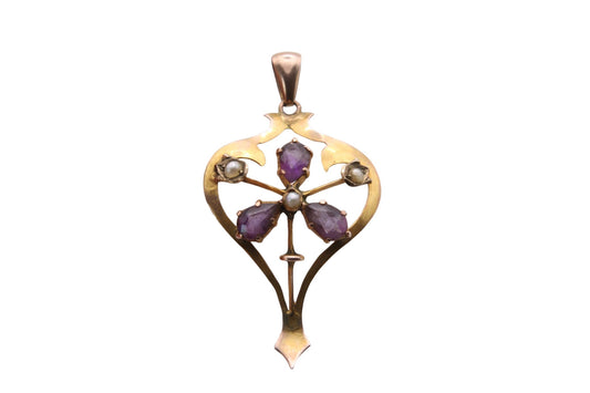 Antique 9ct Gold Amethyst & Seed Pearl Flower Pendant