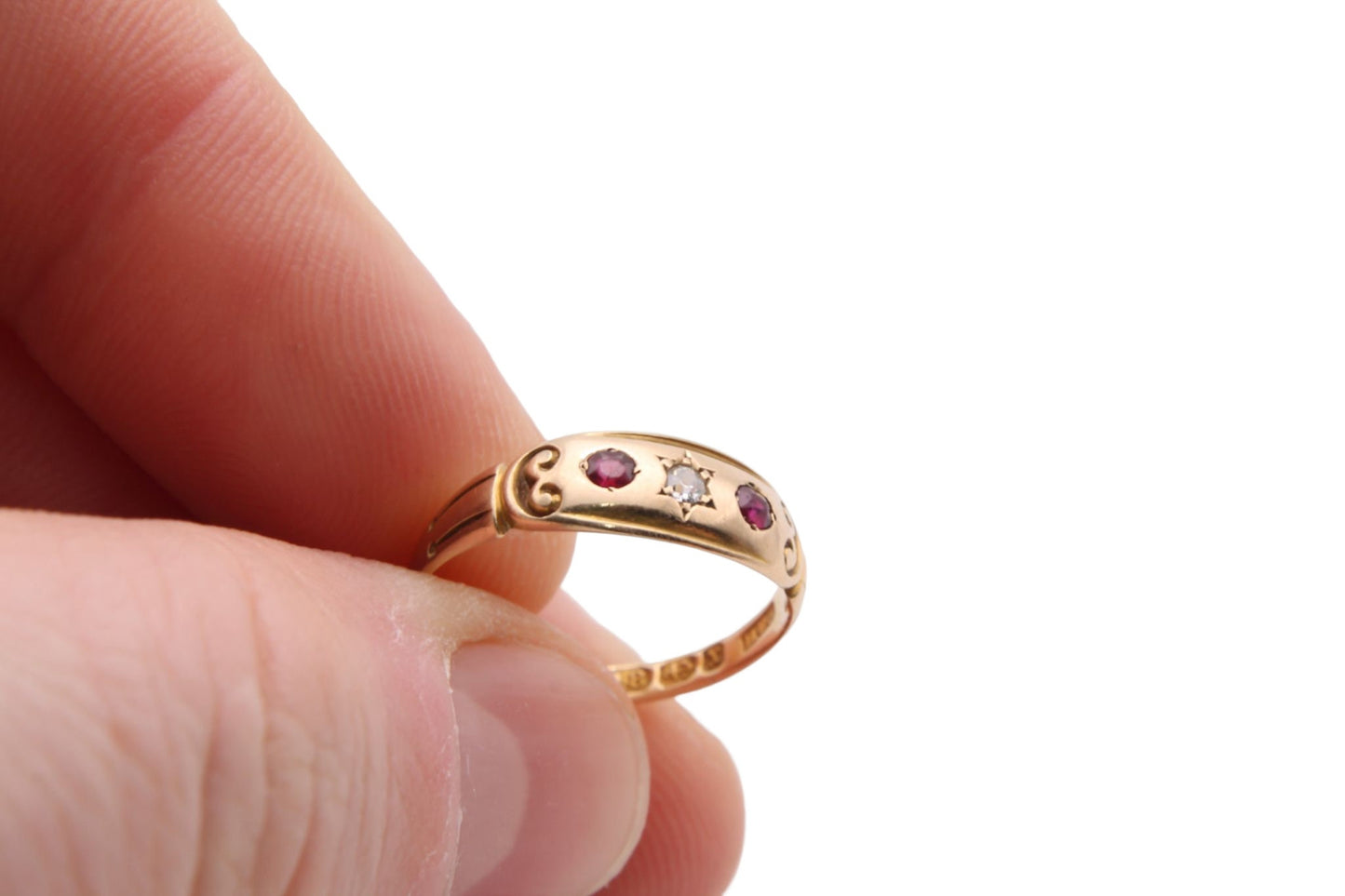 Antique Victorian 18ct Gold, Diamond & Ruby Gypsy Ring - 1897