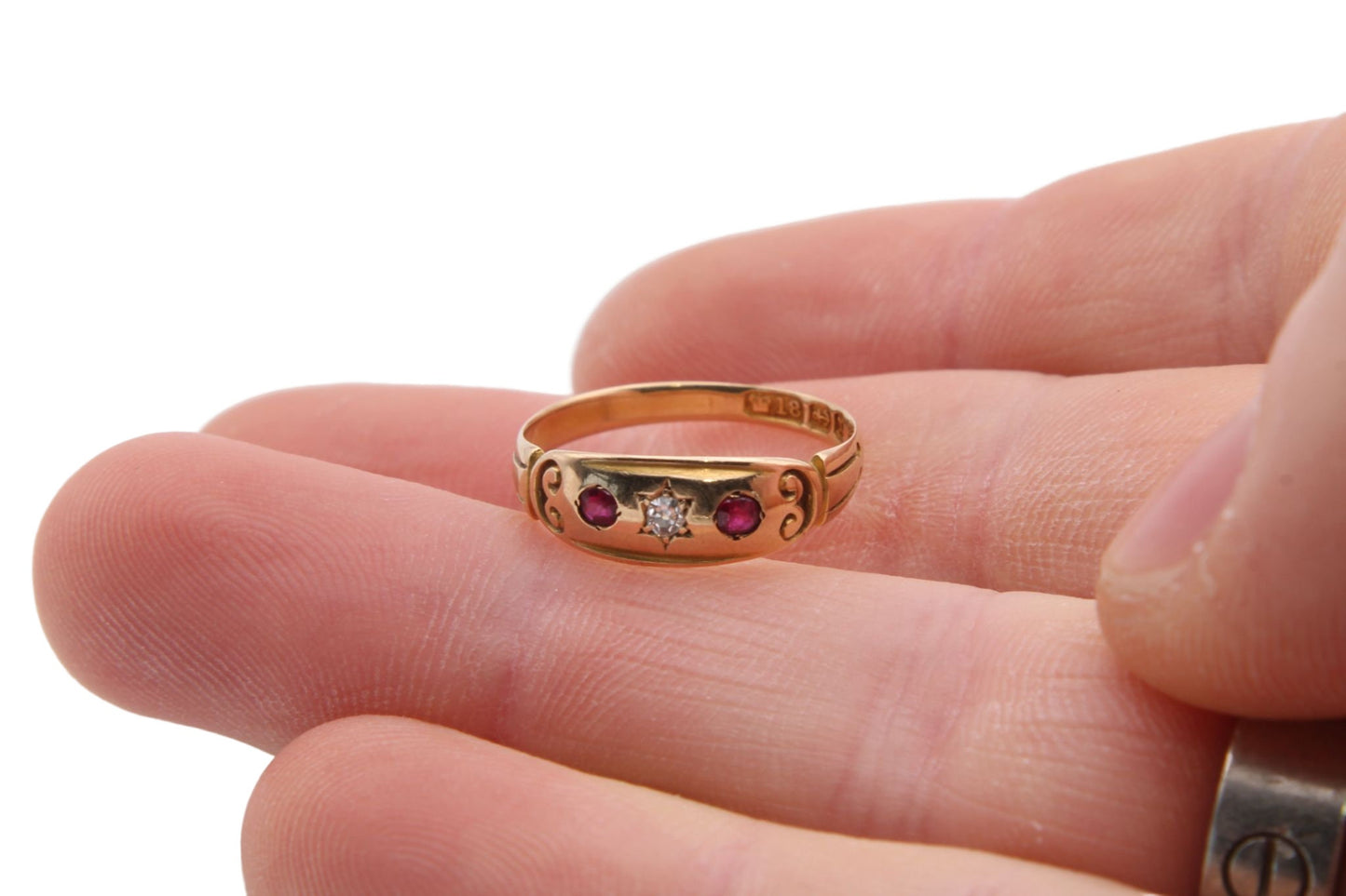 Antique Victorian 18ct Gold, Diamond & Ruby Gypsy Ring - 1897