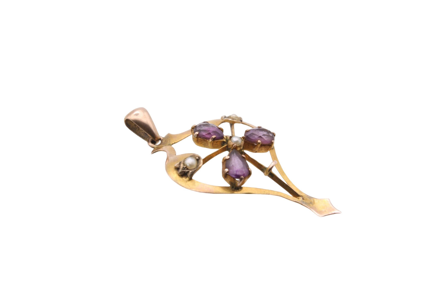 Antique 9ct Gold Amethyst & Seed Pearl Flower Pendant