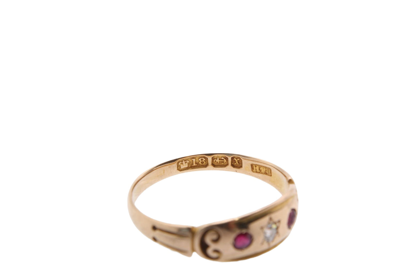 Antique Victorian 18ct Gold, Diamond & Ruby Gypsy Ring - 1897