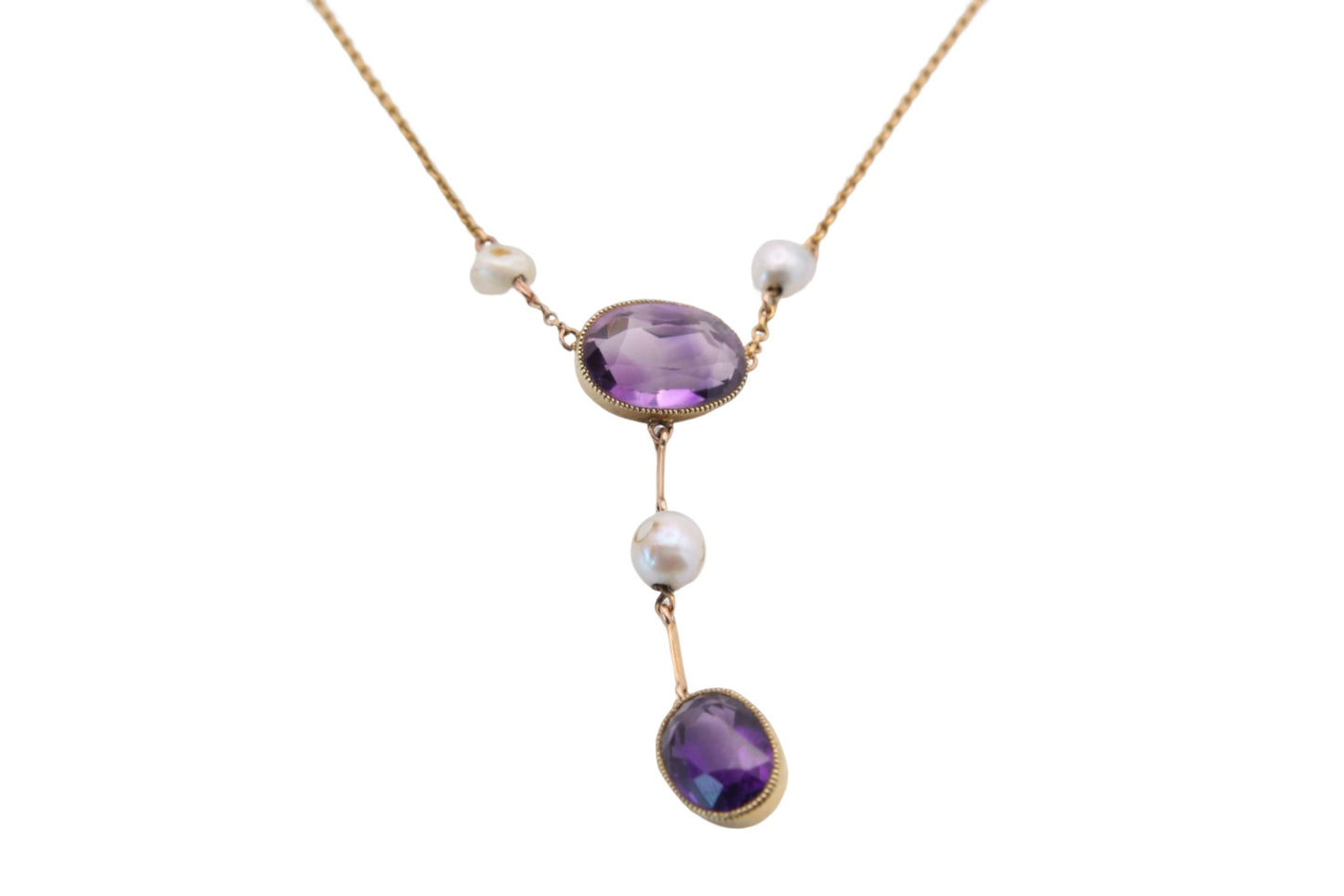 Antique-Edwardian-15ct-Gold,-Amethyst-&-Pearl-Necklace,-c.1900