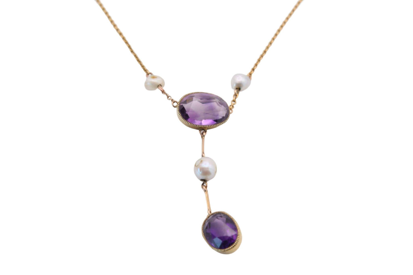 Antique-Edwardian-15ct-Gold,-Amethyst-&-Pearl-Necklace,-c.1900