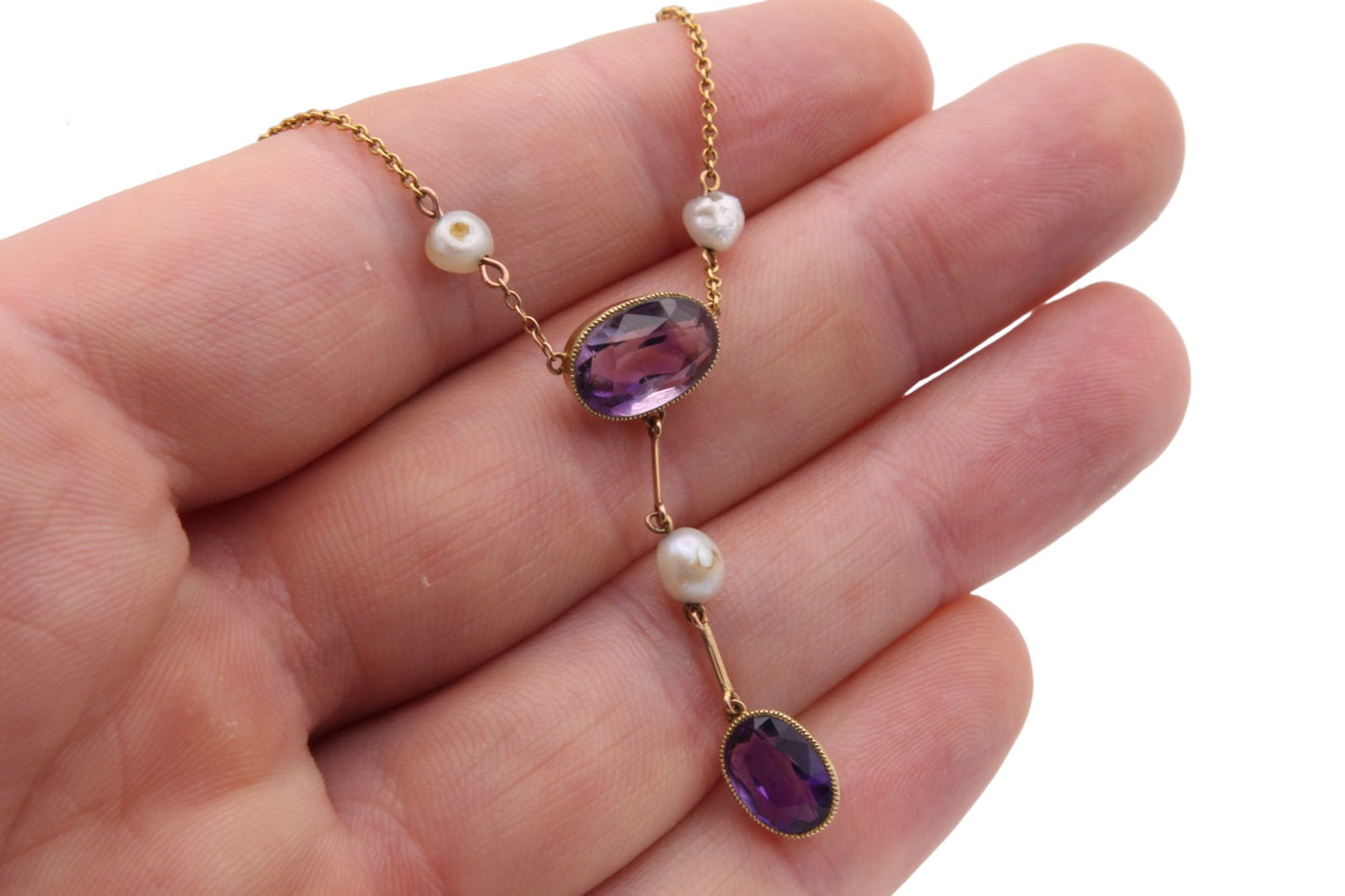 Antique Edwardian 15ct Gold, Amethyst & Pearl Lavalier Necklace