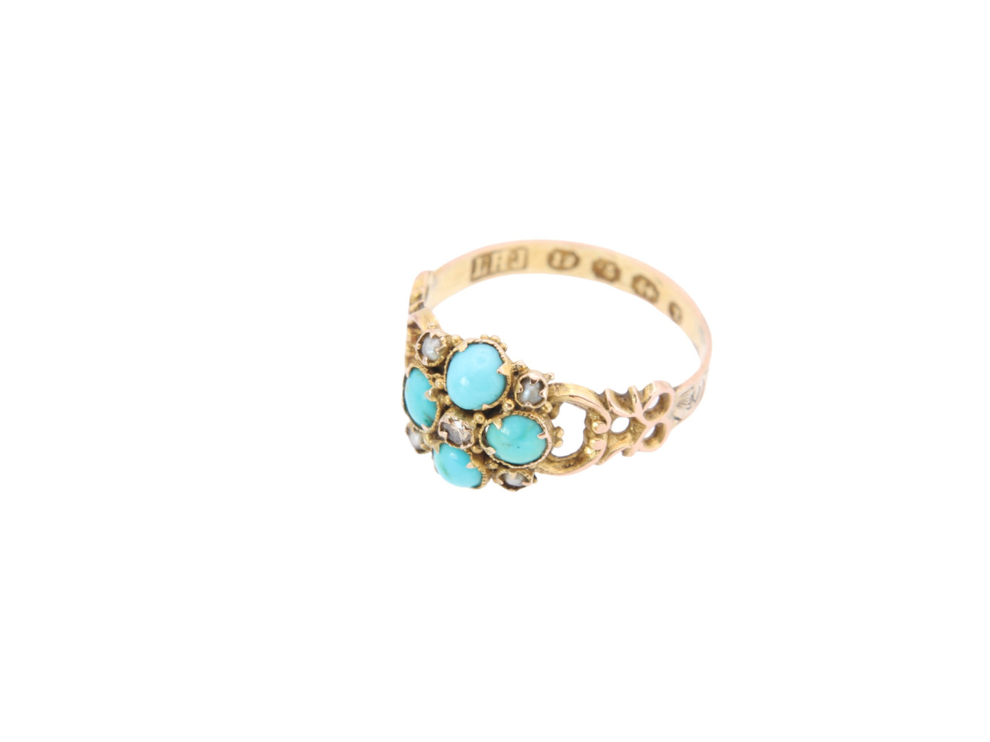 Antique 12.5ct Gold, Diamond And Turquoise Forget Me Not Ring, 1868