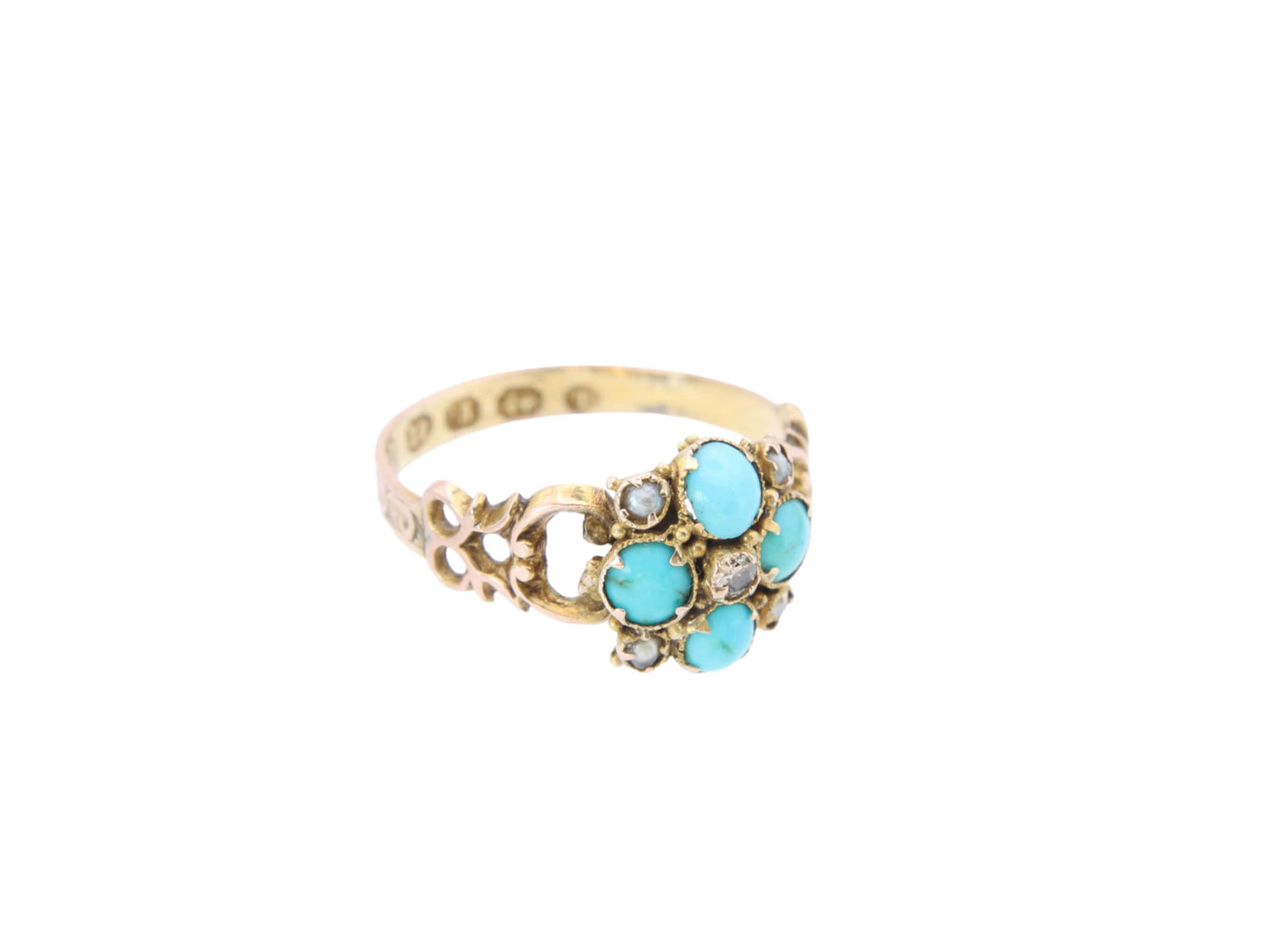 Antique-12.5ct-Gold,-Diamond-And-Turquoise-Forget-Me-Not-Ring,-1868