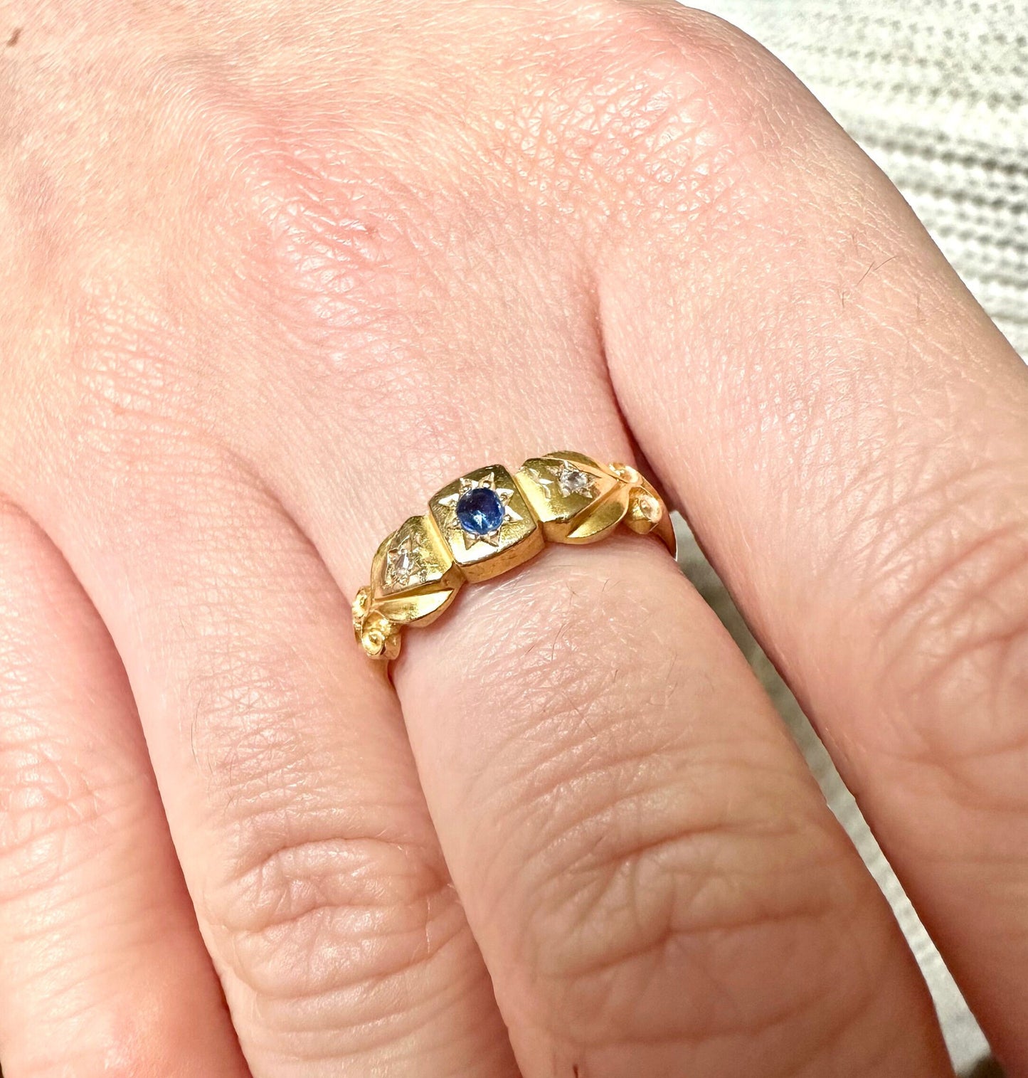 Antique Victorian 18ct Gold, Diamond & Sapphire Gypsy Ring - 1886