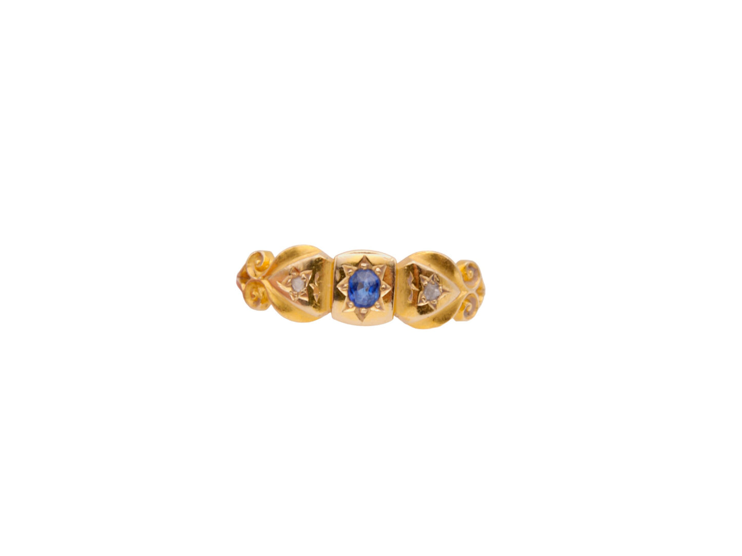 Antique Victorian 18ct Gold, Diamond & Sapphire Gypsy Ring - 1886