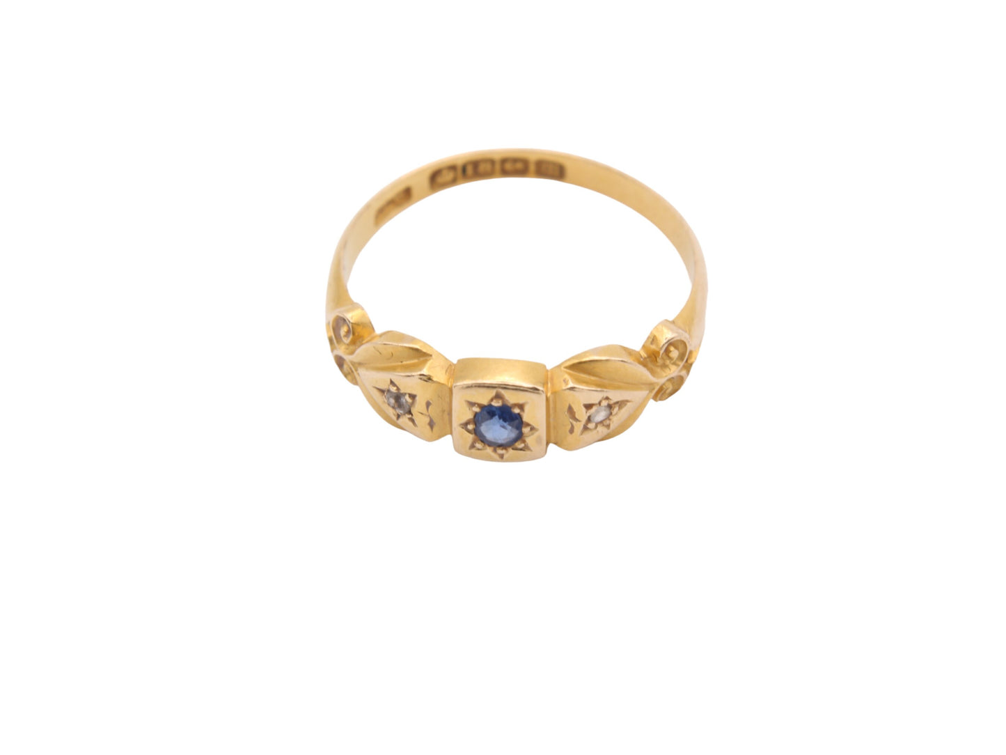 Antique Victorian 18ct Gold, Diamond & Sapphire Gypsy Ring - 1886