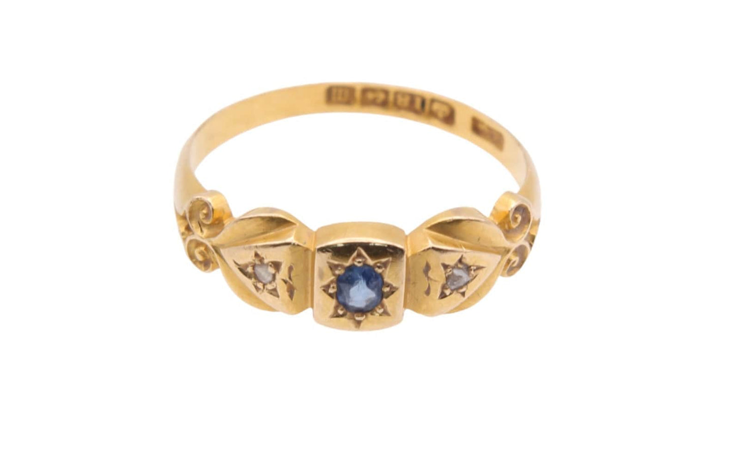 Antique Victorian 18ct Gold, Diamond & Sapphire Gypsy Ring - 1886
