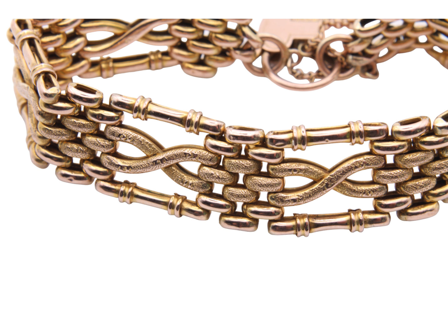 Antique Edwardian 9ct Yellow Gold Chased Gate Bracelet, 15g