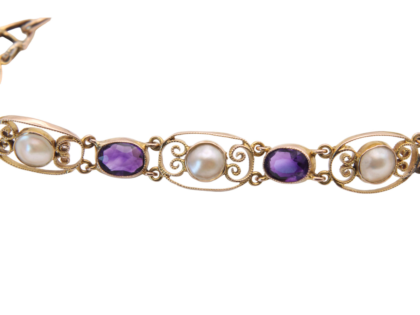 7" Antique 9ct Gold Filigree Amethyst & Pearl Gate Bracelet