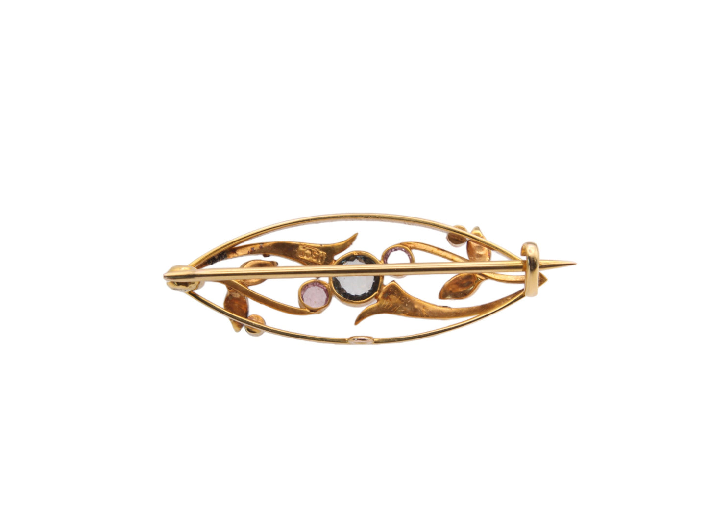 Antique-15ct-Gold-Aquamarine,-Amethyst,-Pearl-Brooch