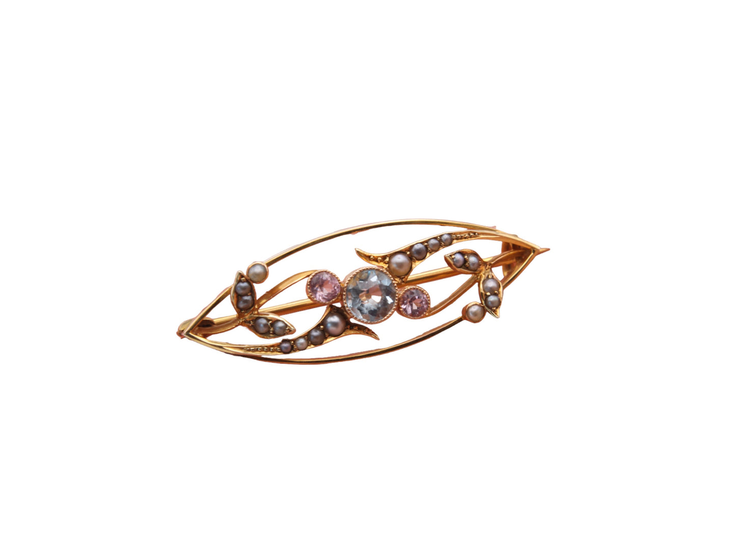 Antique 15ct Gold Aquamarine, Amethyst, Pearl Brooch