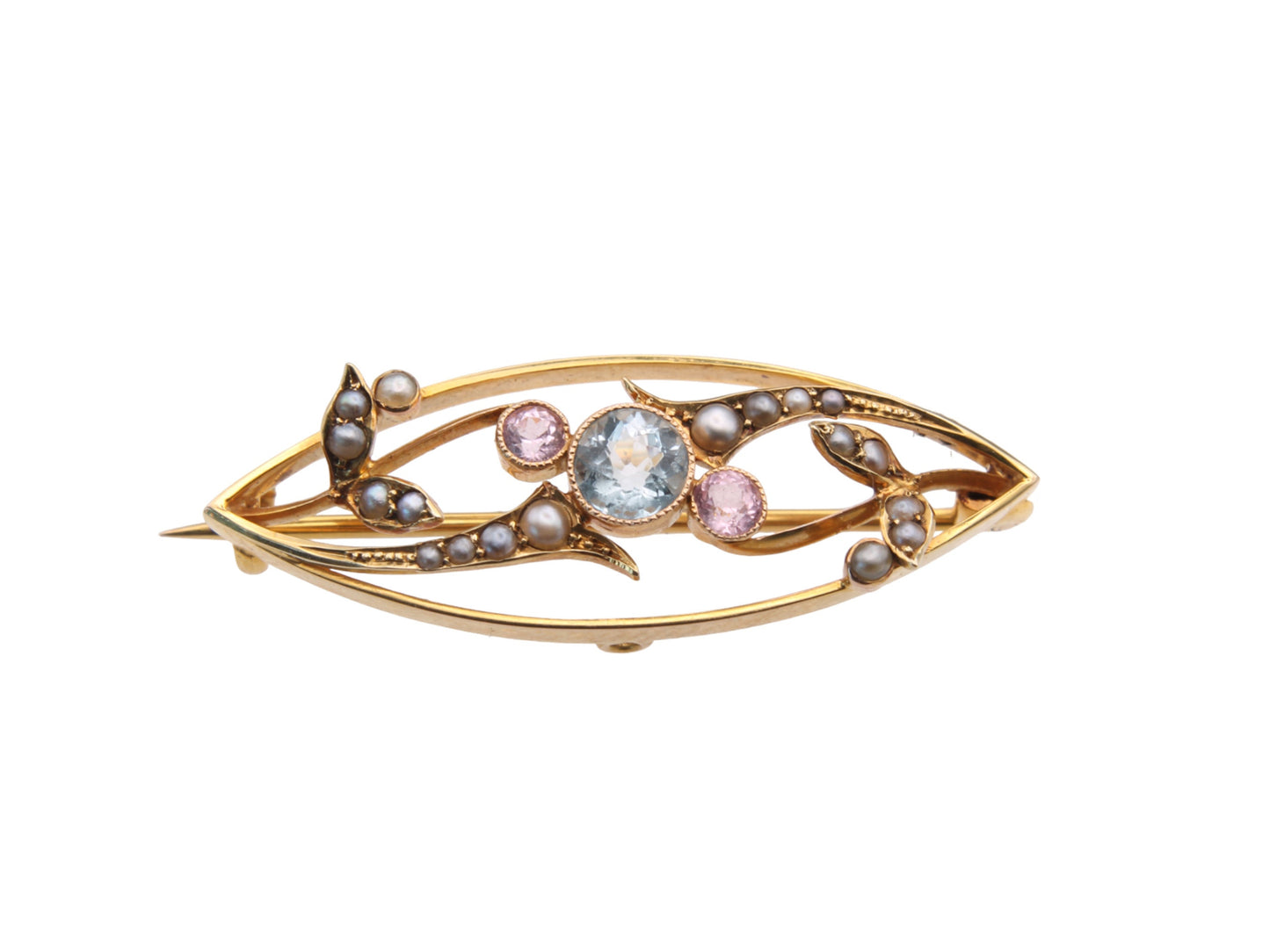 Antique 15ct Gold Aquamarine, Amethyst, Pearl Brooch