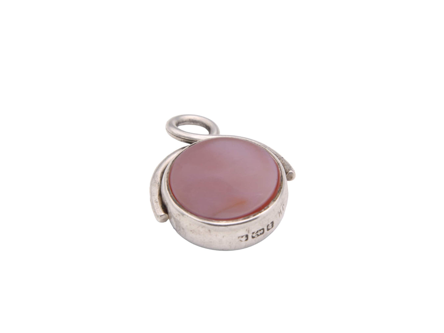 Antique Sterling Silver Lilac Agate & Bloodstone Spinner Pendant Fob, 1882