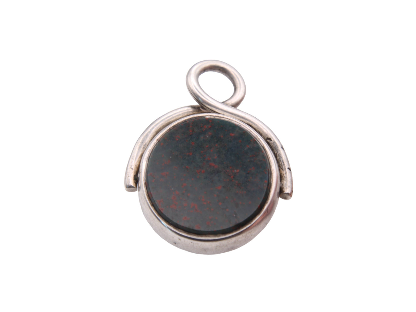 Antique Sterling Silver Lilac Agate & Bloodstone Spinner Pendant Fob, 1882