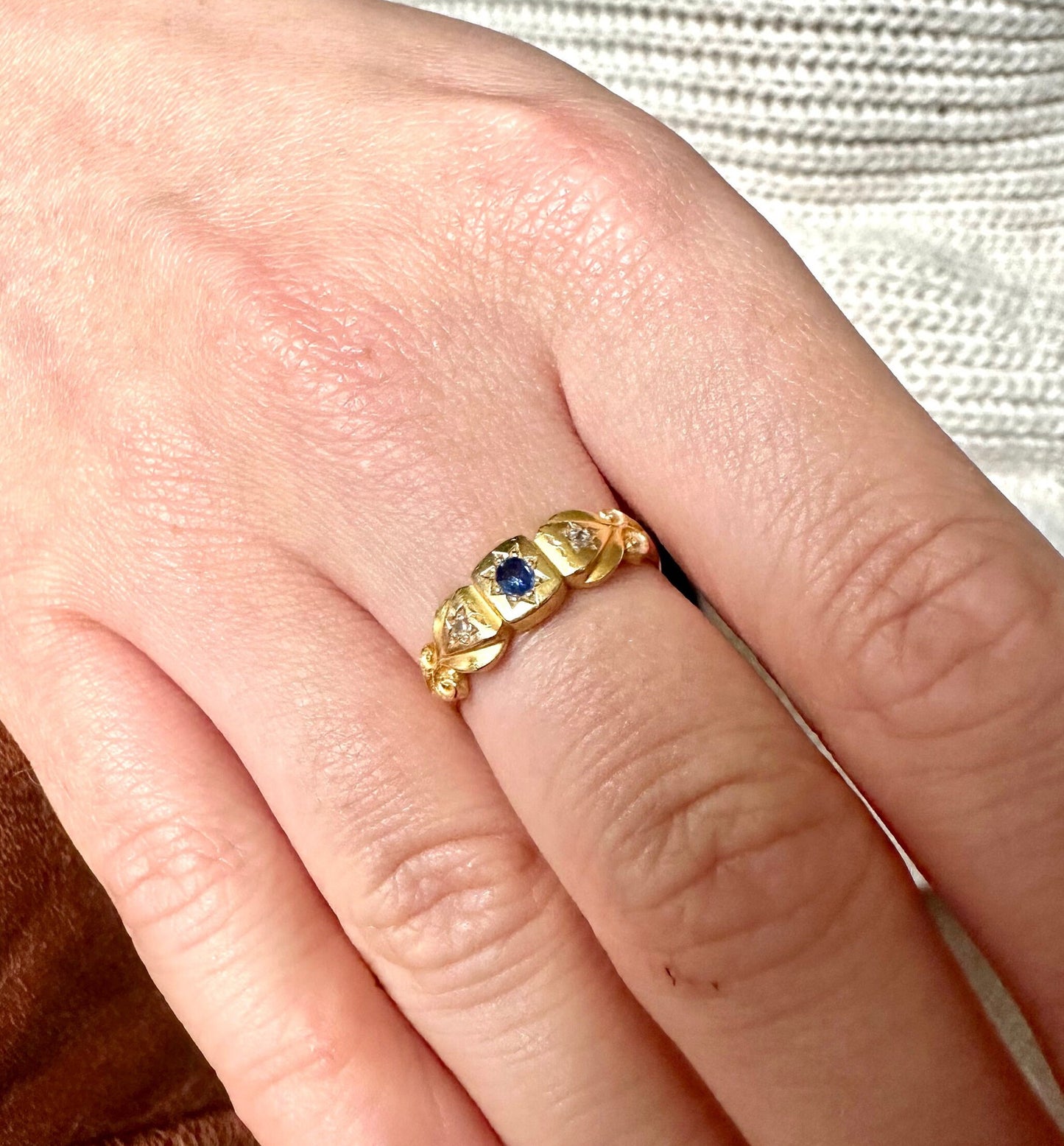 Antique Victorian 18ct Gold, Diamond & Sapphire Gypsy Ring - 1886