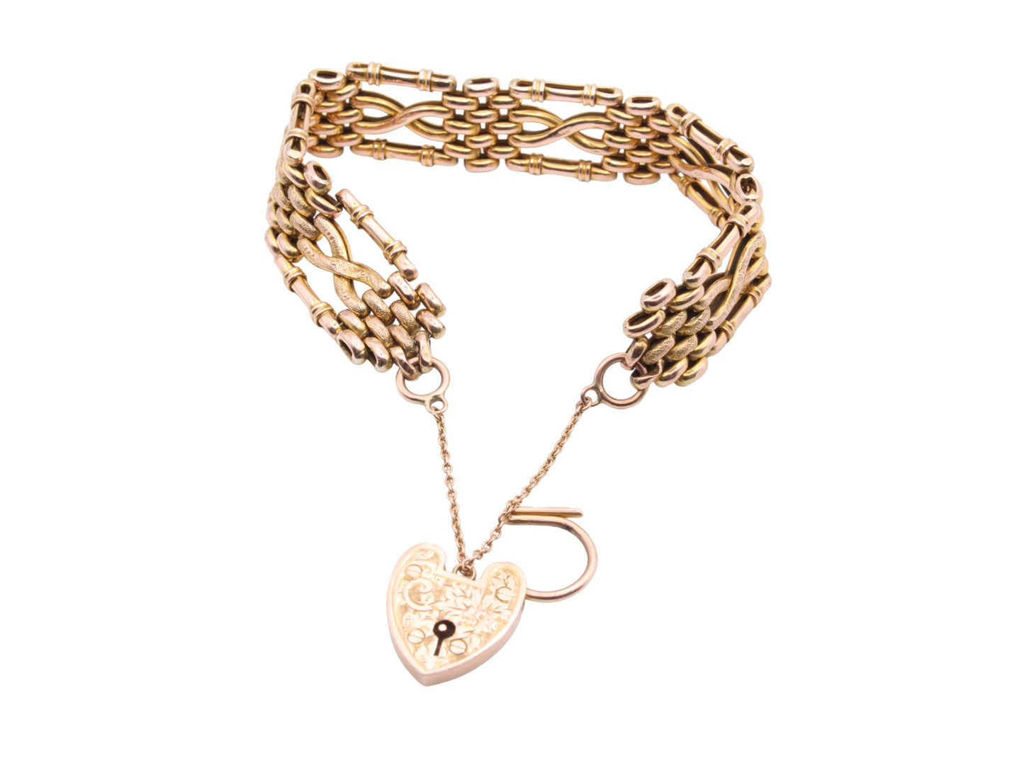 Antique-Edwardian-9ct-Yellow-Gold-Chased-Gate-Bracelet,-15g