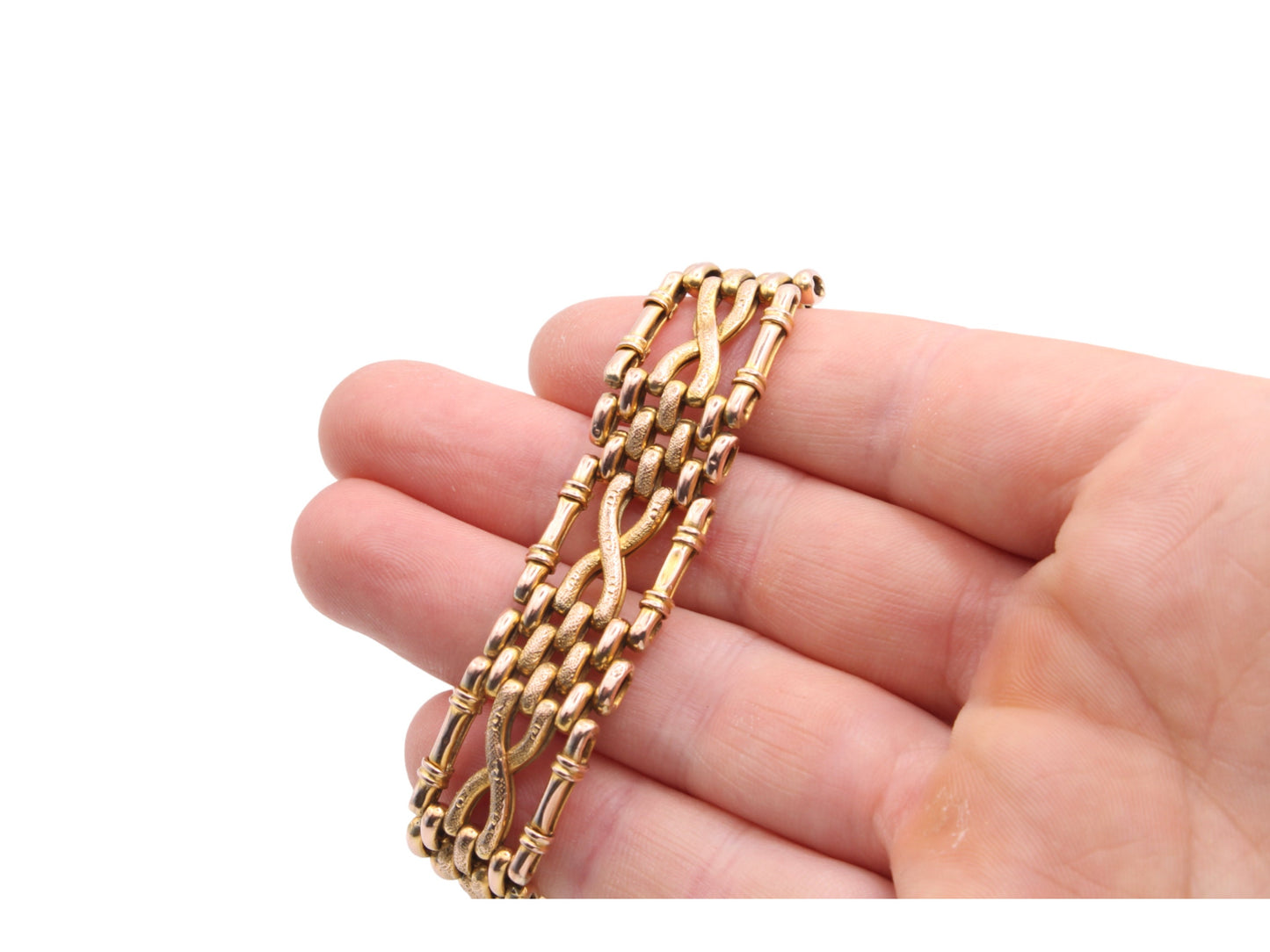 Antique Edwardian 9ct Yellow Gold Chased Gate Bracelet, 15g