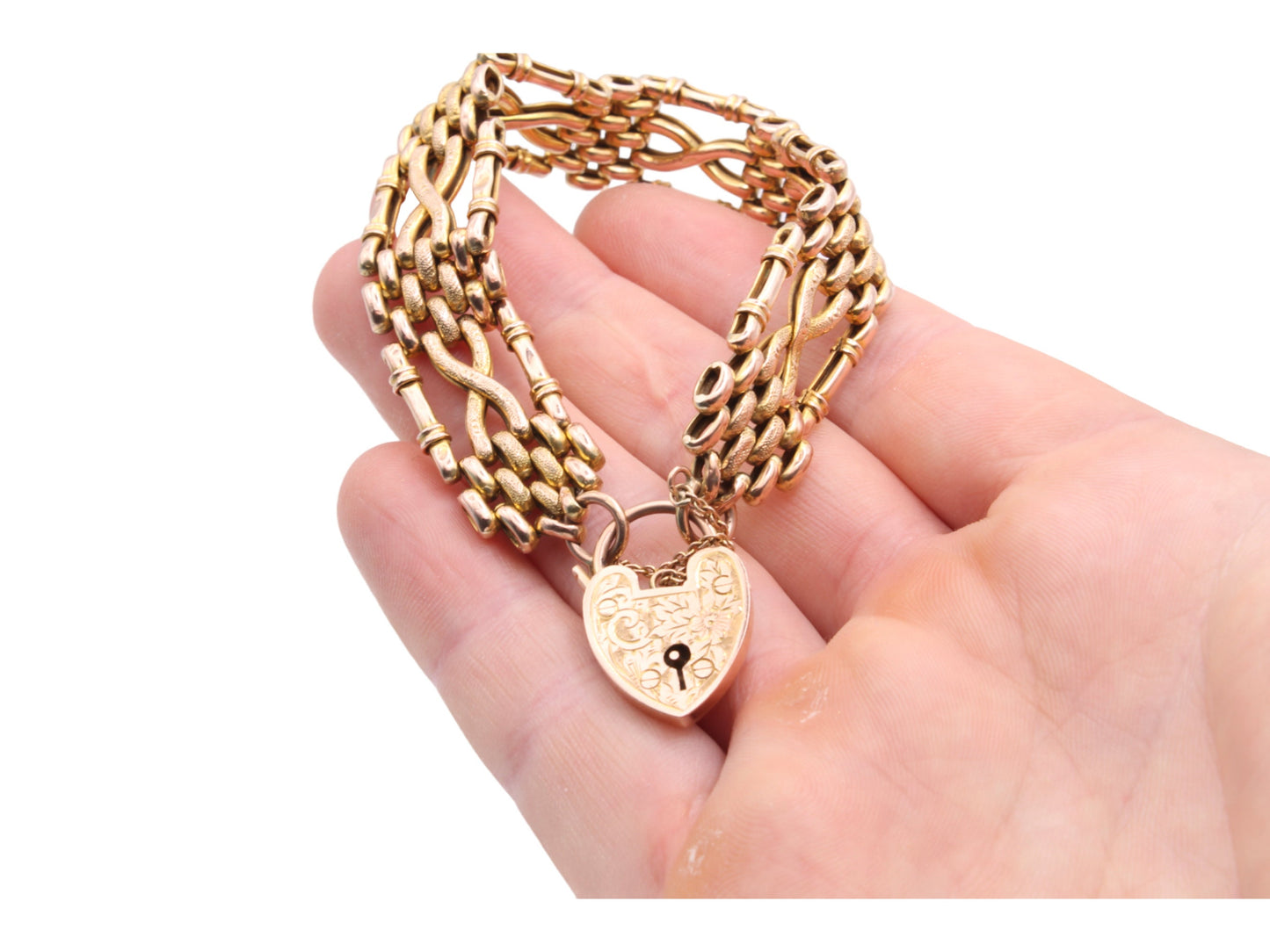 Antique Edwardian 9ct Yellow Gold Chased Gate Bracelet, 15g