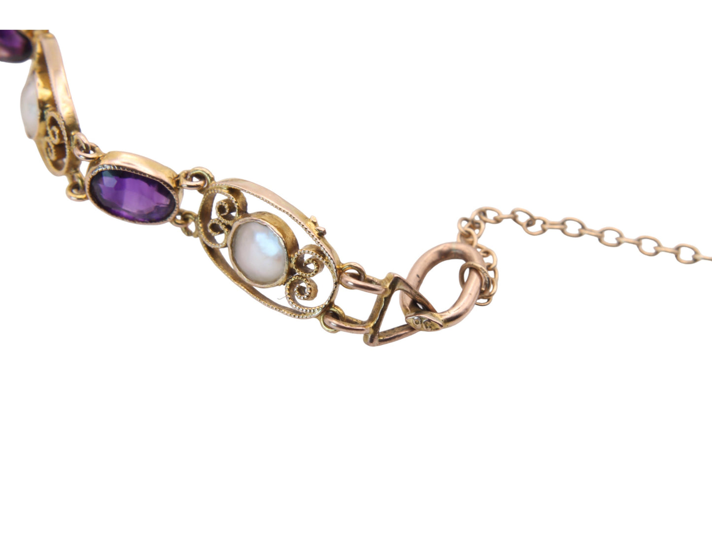 7" Antique 9ct Gold Filigree Amethyst & Pearl Gate Bracelet