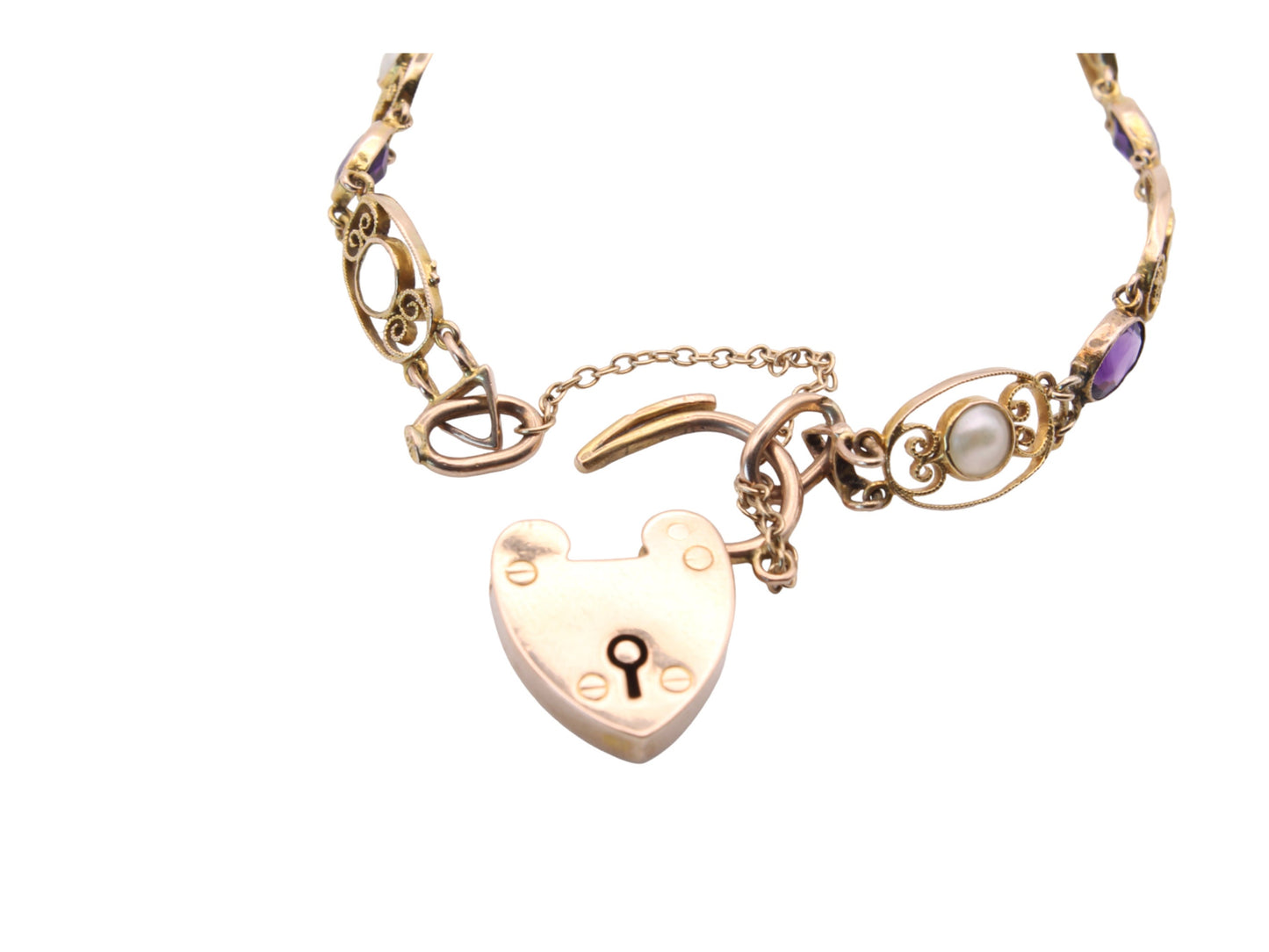 7" Antique 9ct Gold Filigree Amethyst & Pearl Gate Bracelet