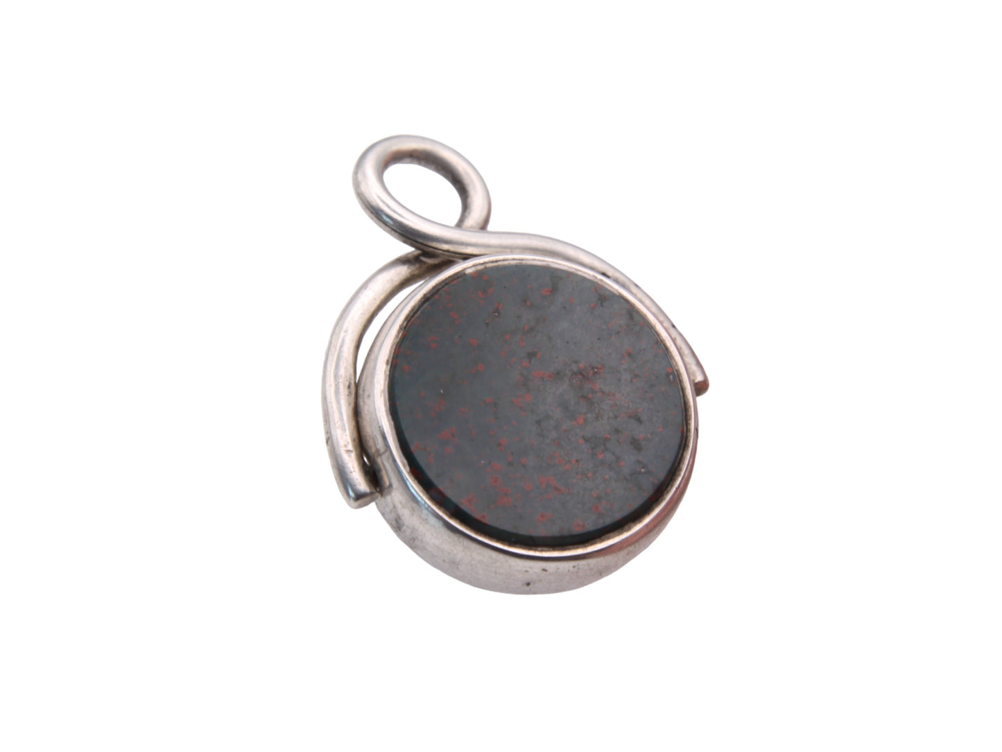 Antique Sterling Silver Lilac Agate & Bloodstone Spinner Pendant Fob, 1882