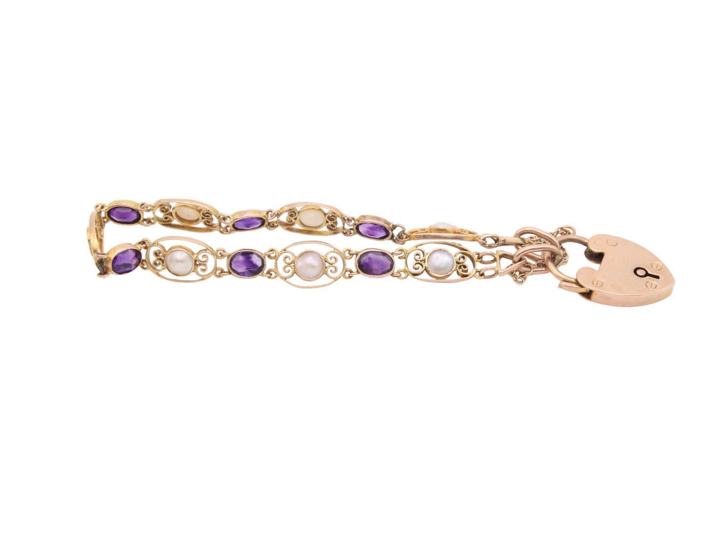 7" Antique 9ct Gold Filigree Amethyst & Pearl Gate Bracelet