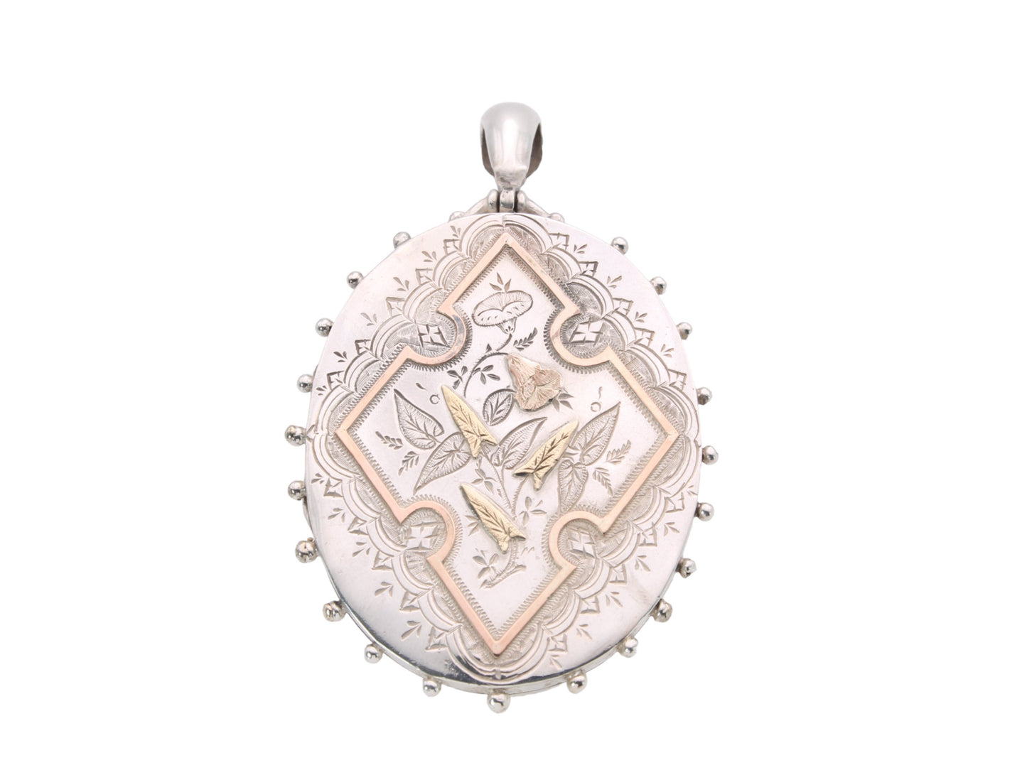Antique Victorian Sterling Silver Locket: Rose & Green Gold Floral Detail, 1882