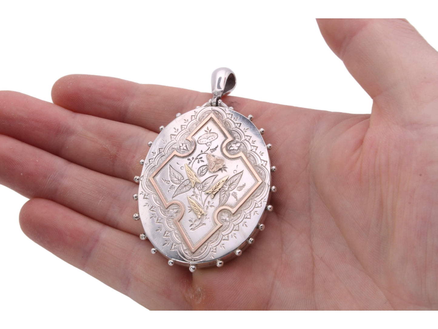 Antique Victorian Sterling Silver Locket: Rose & Green Gold Floral Detail, 1882