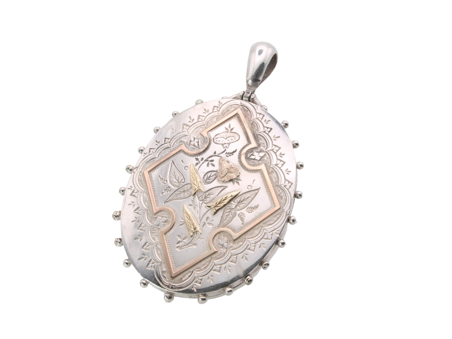 Antique-Victorian-Sterling-Silver-Locket:-Rose-&-Green-Gold-Floral-Detail,-1882