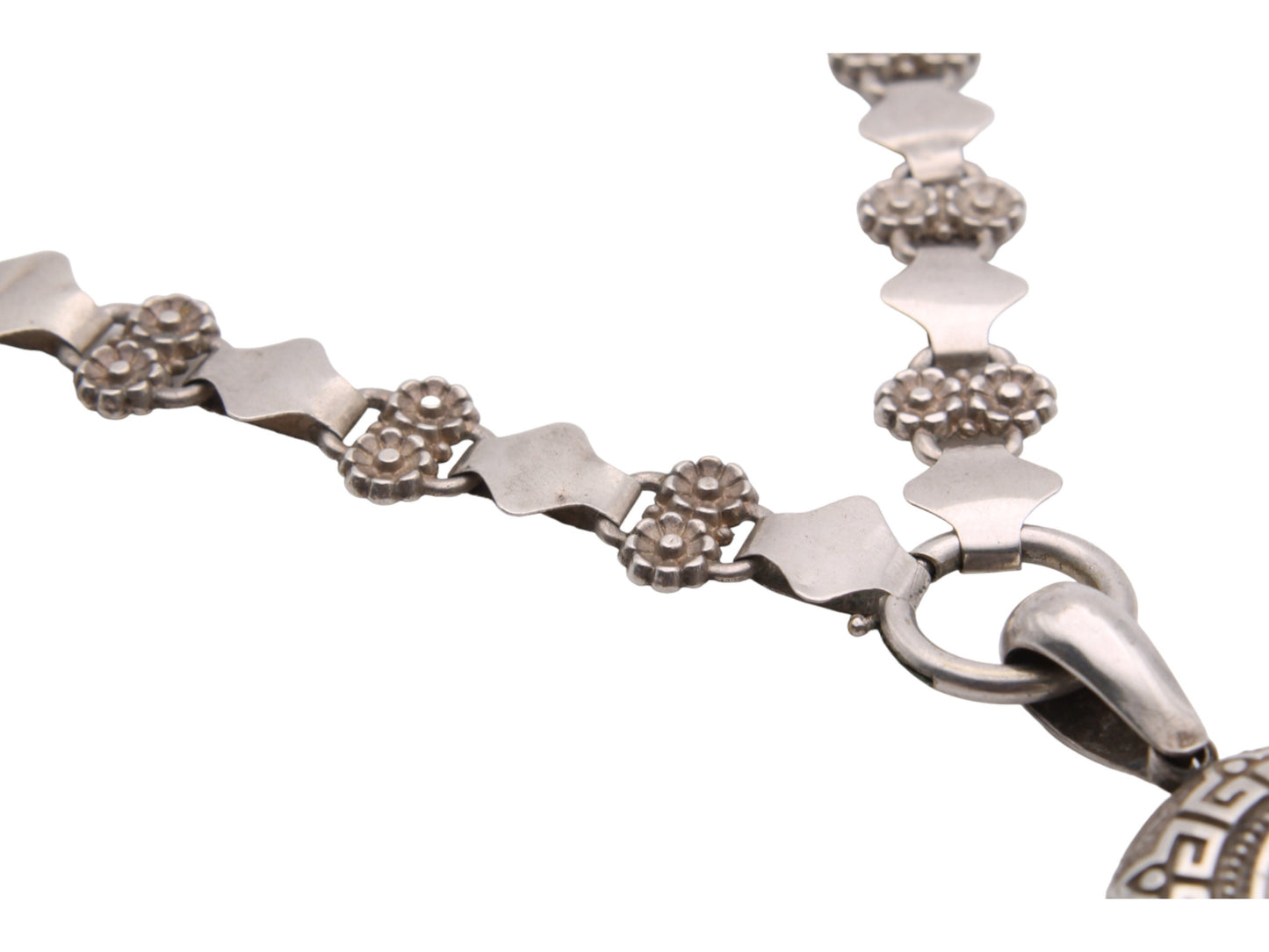 Antique Victorian Sterling Silver Locket Necklace, Forget-Me-Not Flowers, 1880