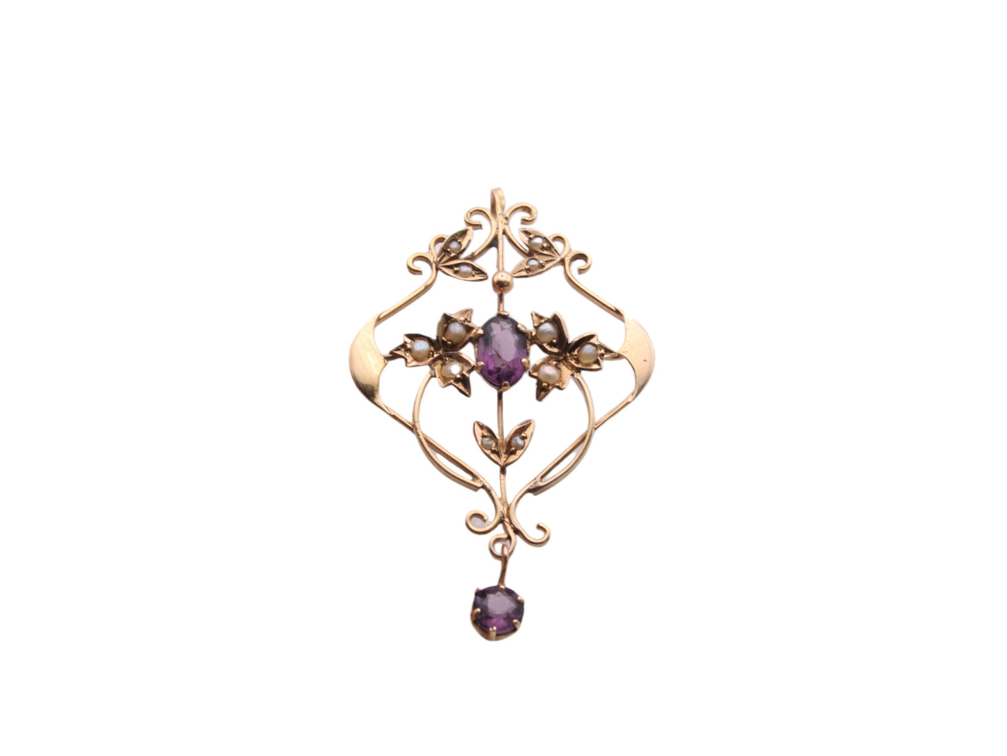 Antique-9ct-Yellow-Gold-Amethyst-Lavalier-Ivy-Motif-Pendant