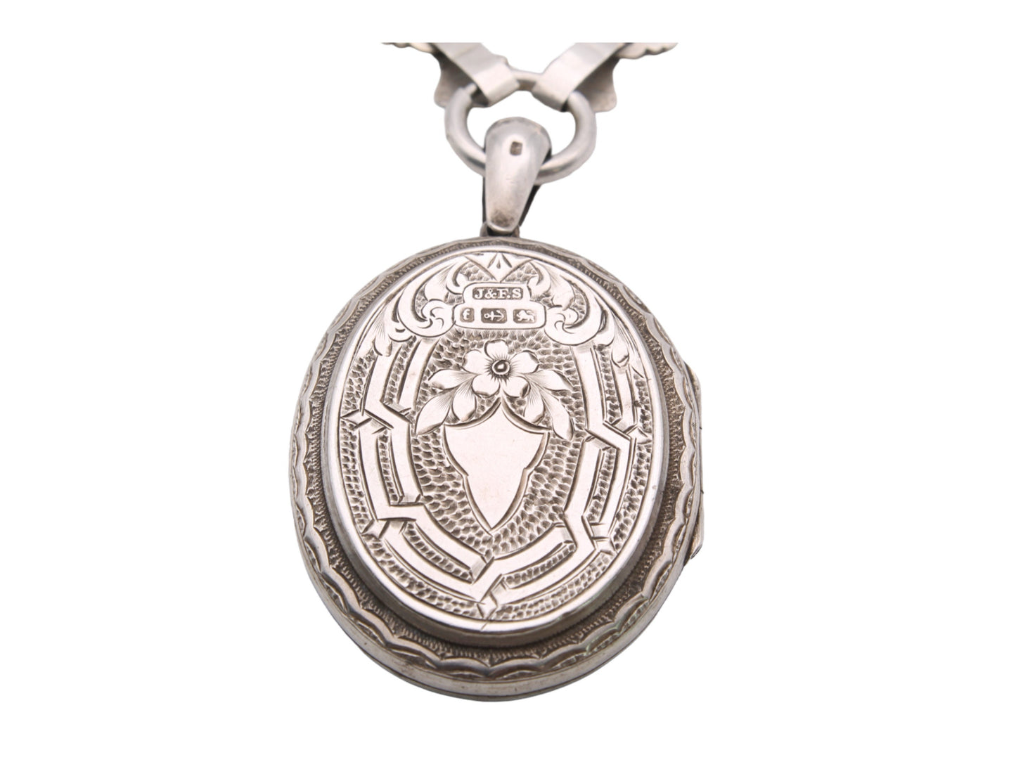 Antique Victorian Sterling Silver Locket Necklace, Forget-Me-Not Flowers, 1880