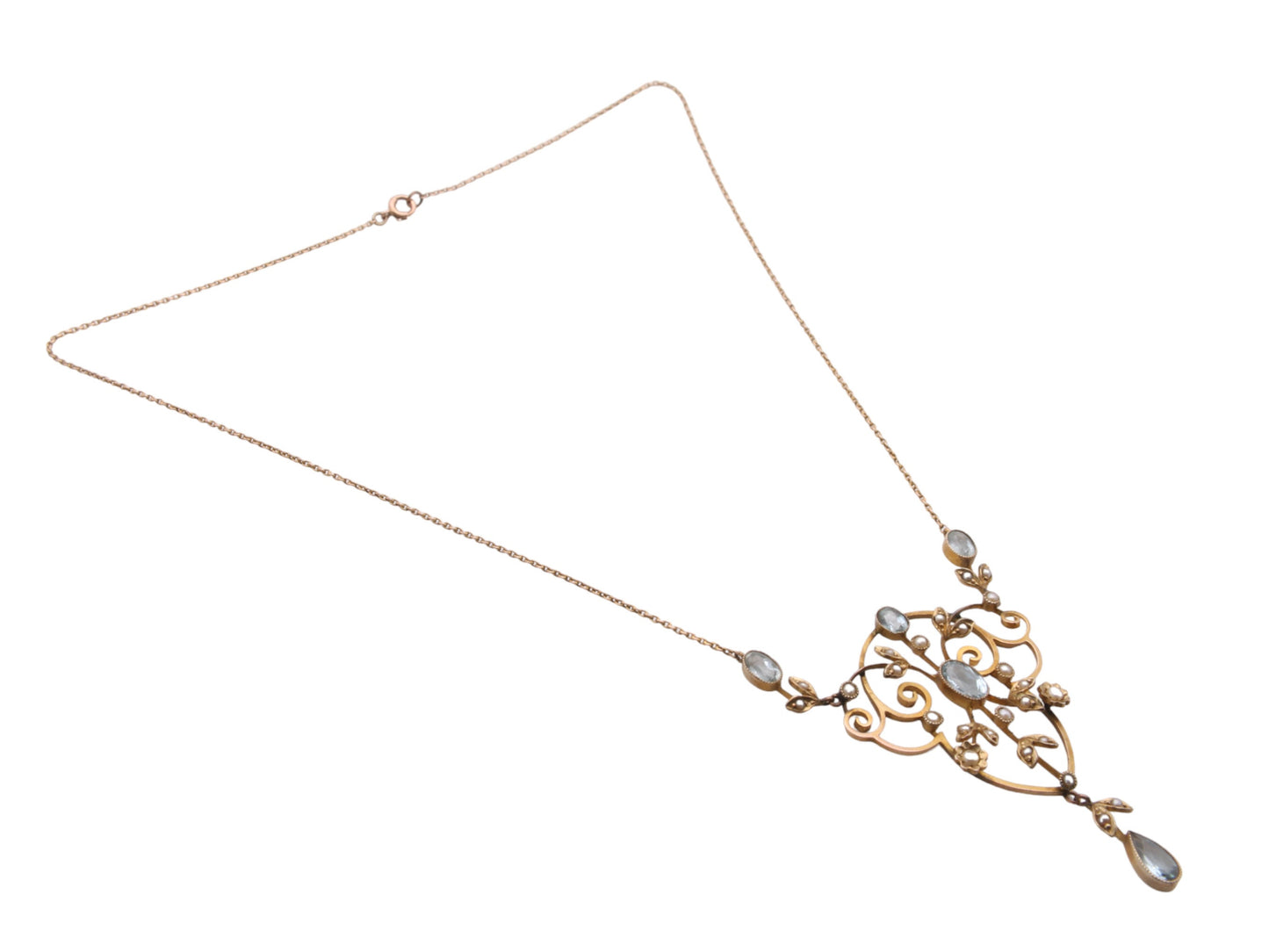 Edwardian 9ct Gold Aquamarine & Pearl Pendant Necklace