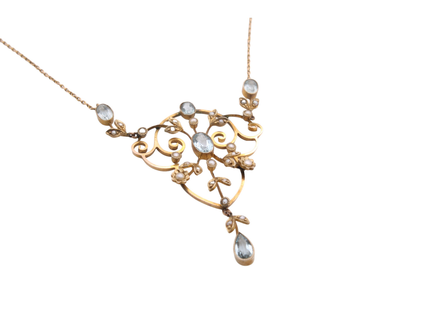 Edwardian 9ct Gold Aquamarine & Pearl Pendant Necklace