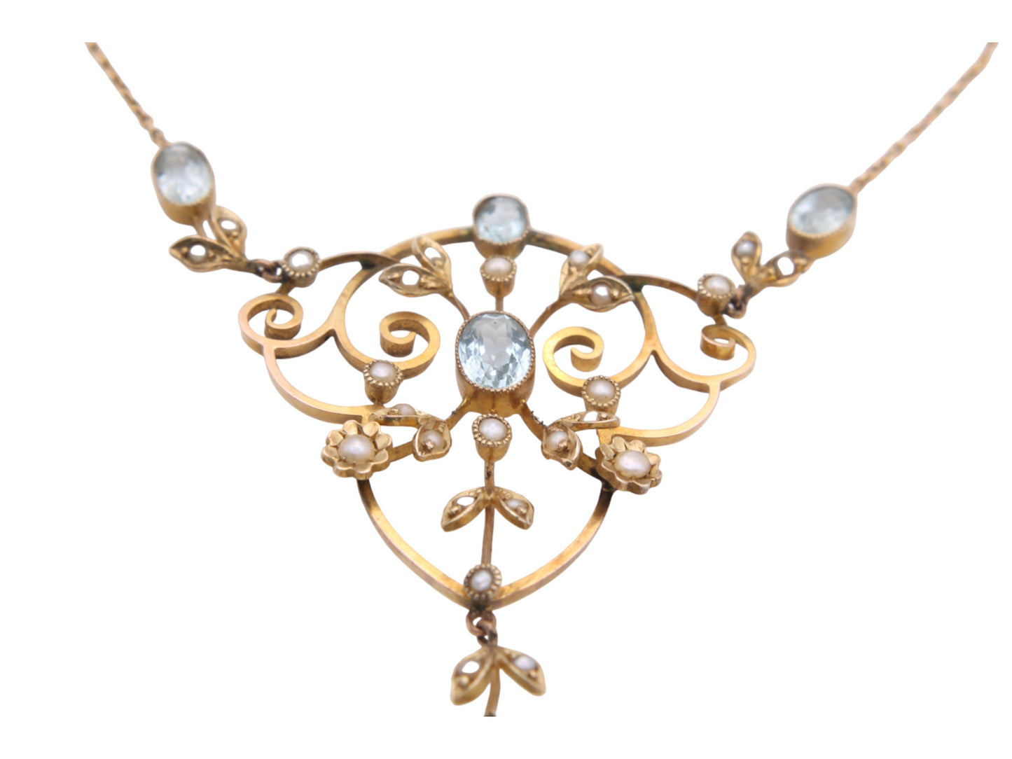 Edwardian 9ct Gold Aquamarine & Pearl Pendant Necklace