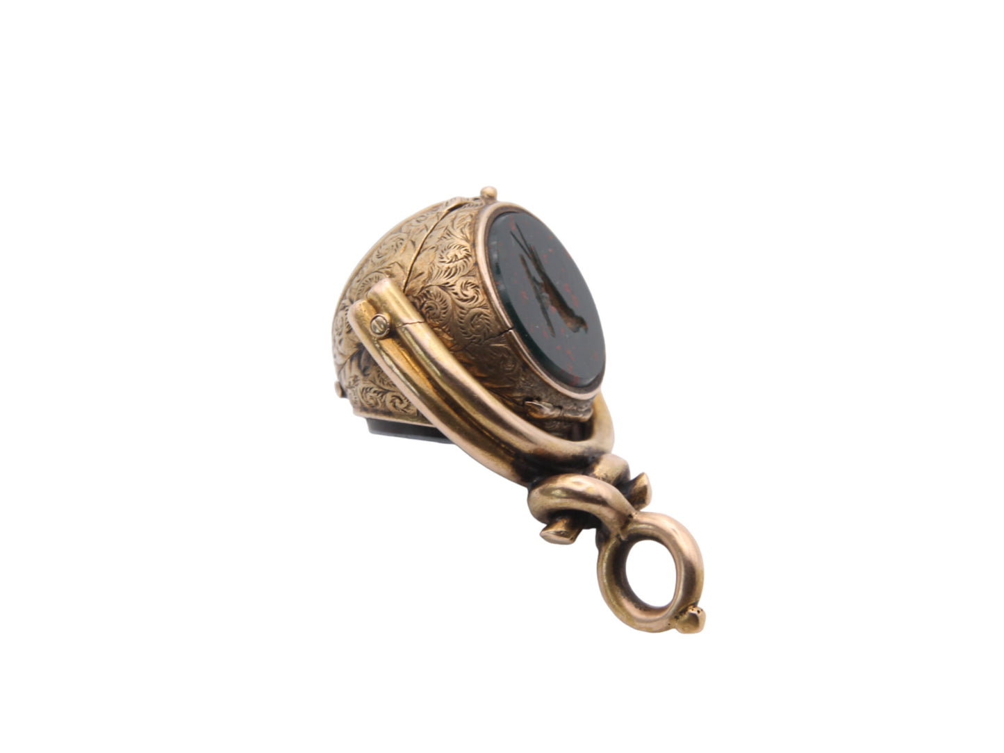 Antique 9ct Gold Hidden Locket Intaglio Bloodstone & Lilac Spinner Pendant