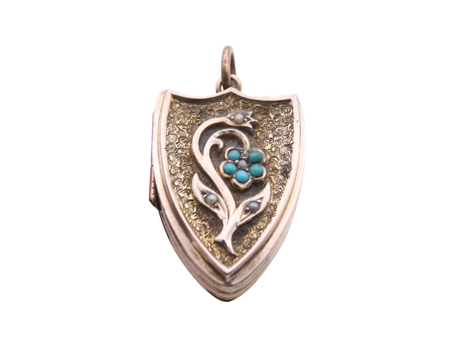 Antique 9ct Gold Forget-Me-Not Turquoise Shield Locket